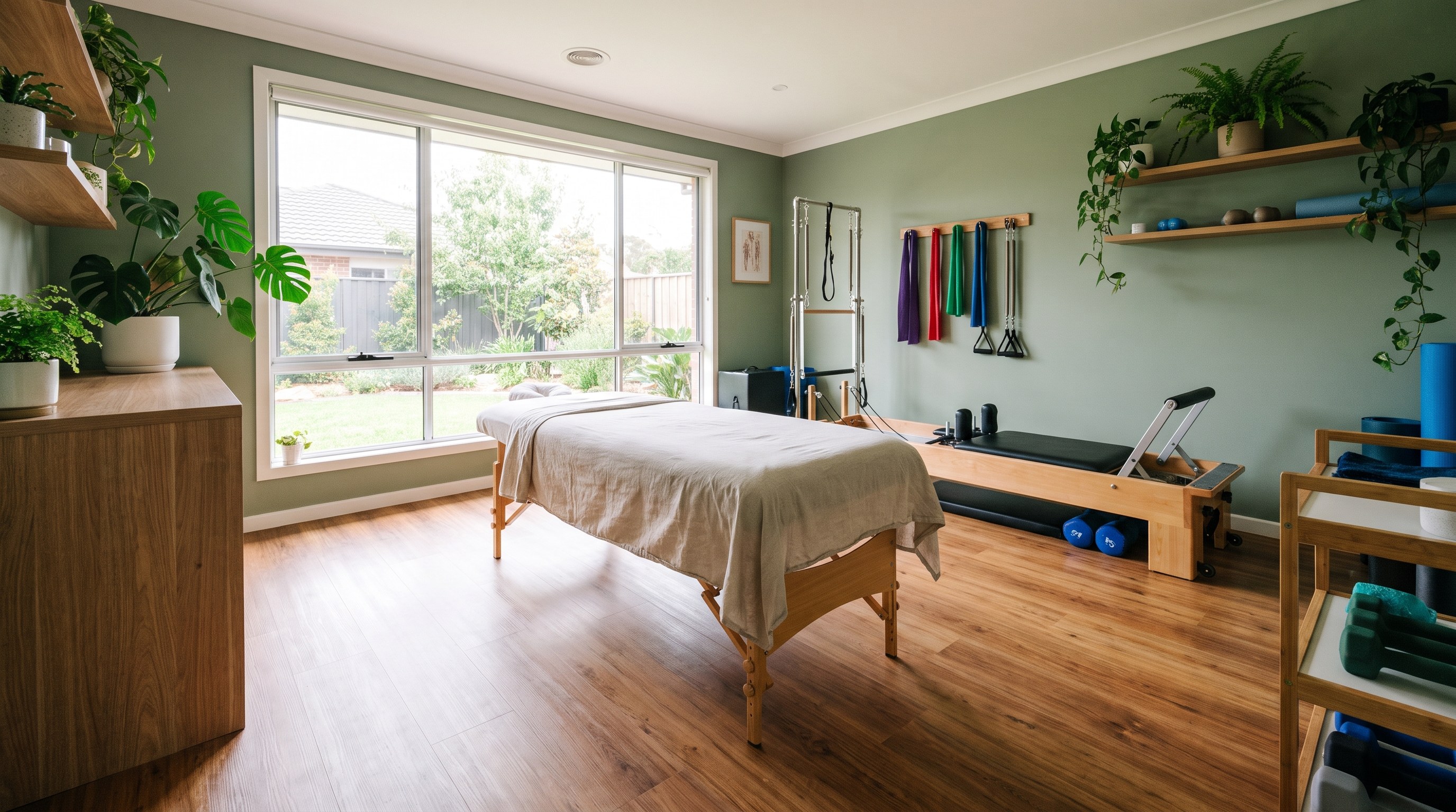 A portable massage table set up in a quiet room, neutral tones, ready for a session