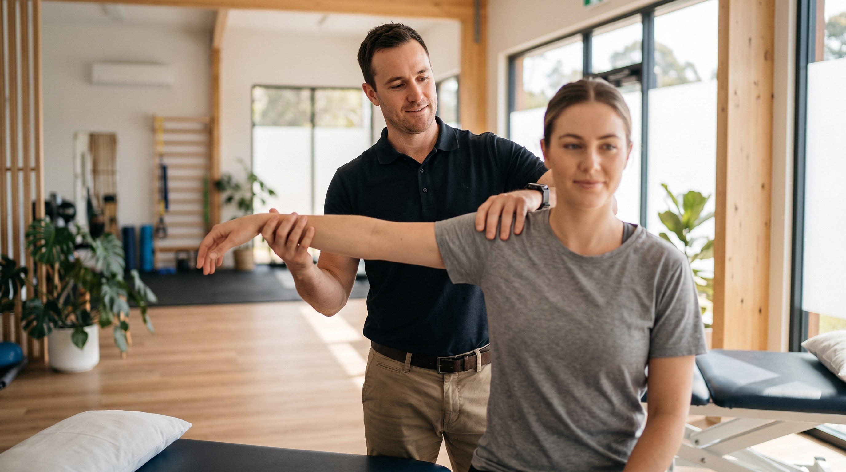 Therapist hands working a shoulder during a deep-tissue in-home session